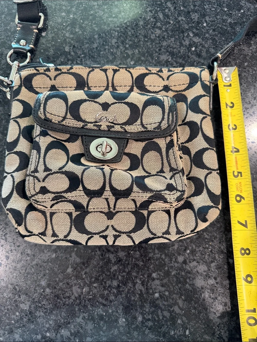 Coach Black and Tan Logo Crossbody with Front Turn-Lock Pocket